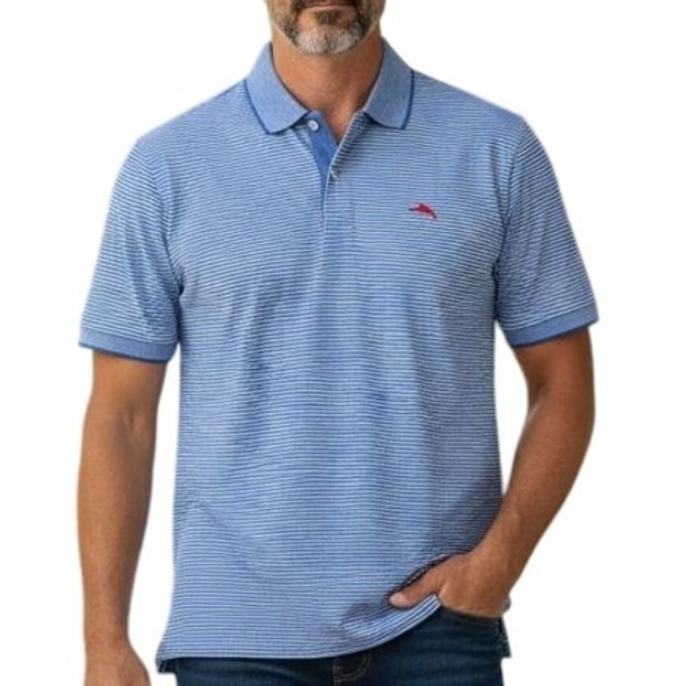 Tommy Bahama Mens Large Blue White Striped Short Sleeve Polo Shirt Marlin Logo